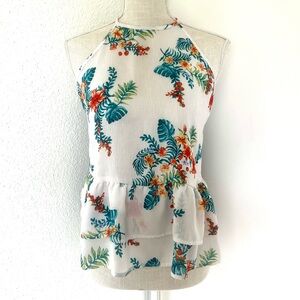 Tropical Floral Halter Top - White with Multicolor Print